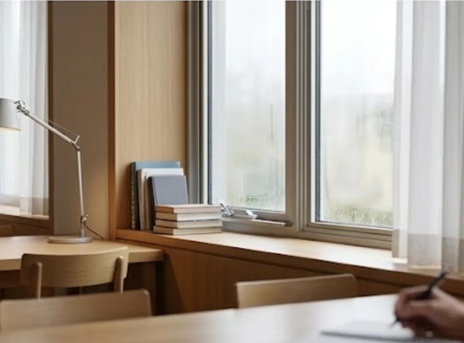 Study area with books on a windowsill and a lamp, with a person's hand holding a pen.