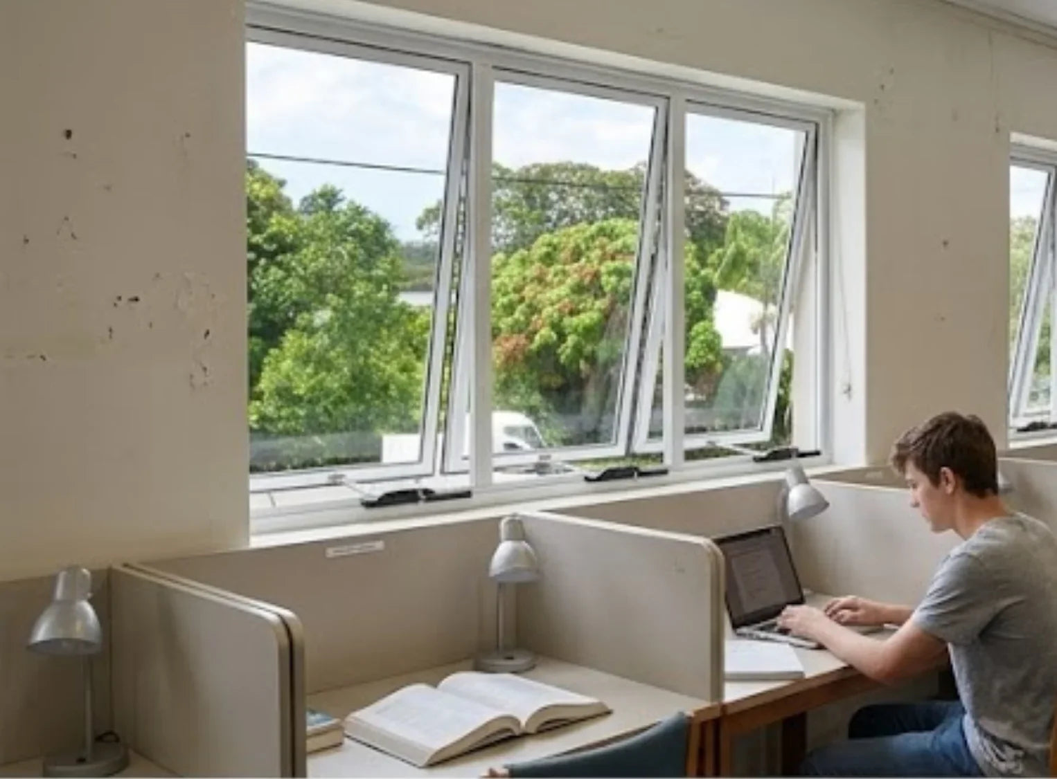 Person working on a laptop at a desk with a large window view of greenery