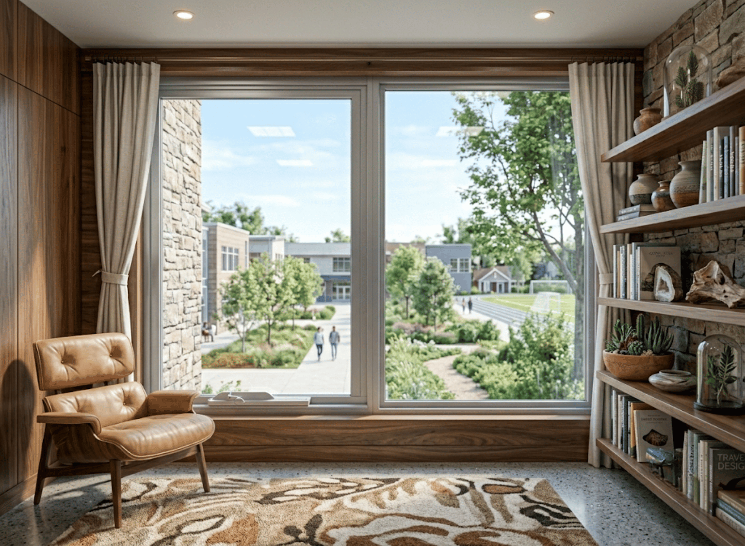 Modern living room with large window, brown armchair, and bookshelf.