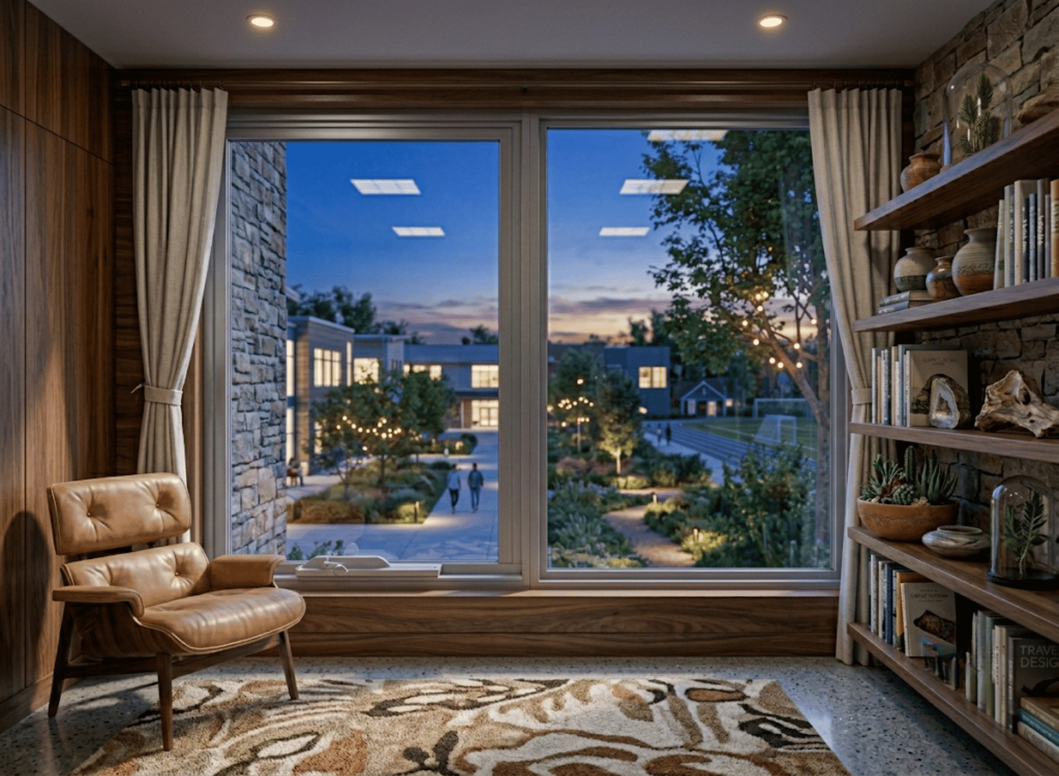 Living room with large windows overlooking a garden at dusk, featuring a brown armchair and bookshelf.