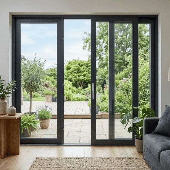 In Stock Now - Sliding Door H2100 x W2400 Three Panel Custom Black / Clear / Flyscreen / 138mm Reveal / Slide Slide FIxed